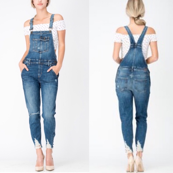 Glamvault Denim - Frayed Ankle Denim Overalls